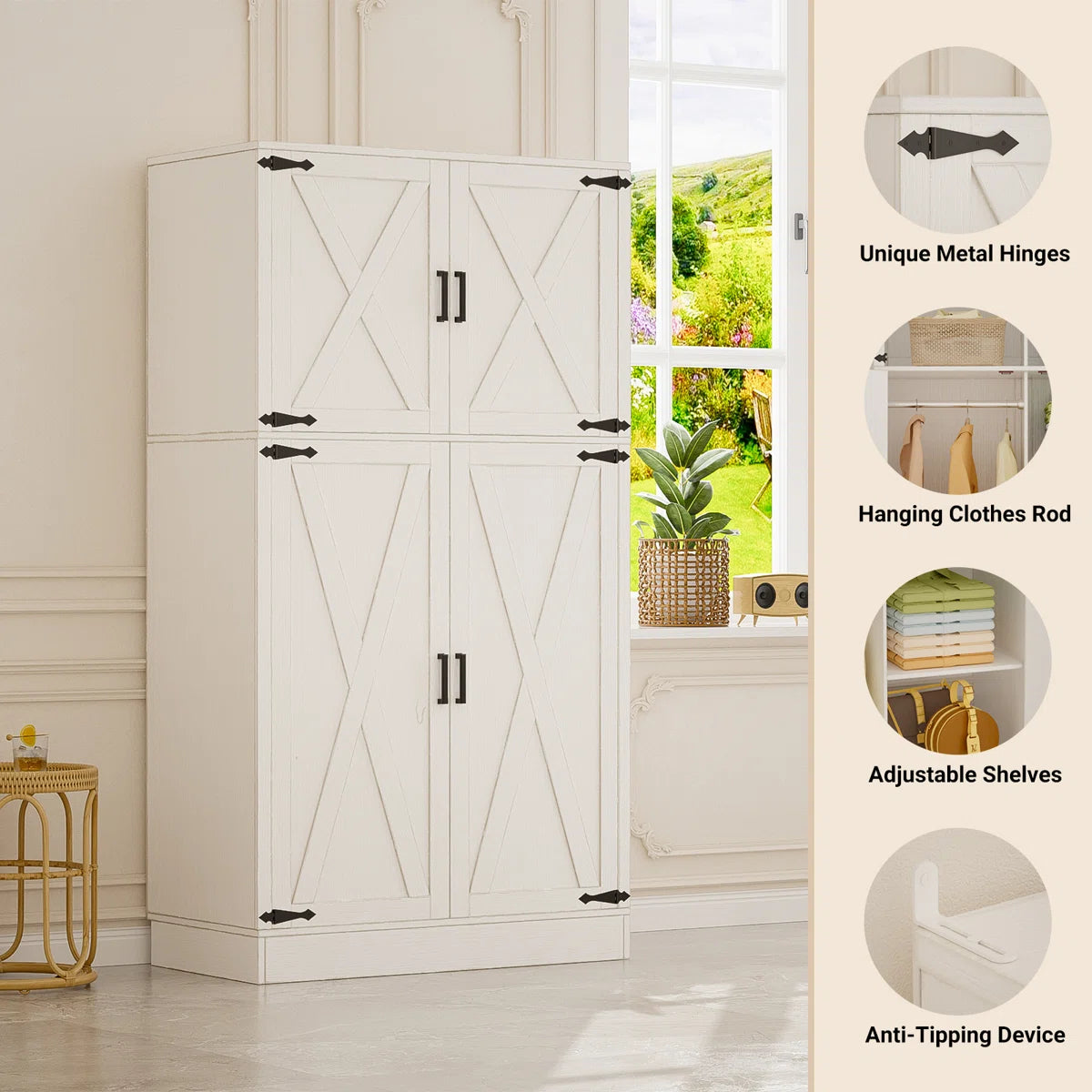 Functional 71'' Farmhouse Armoire Wardrobe Closet with Shelf and Hanging Rod OUCH CART
