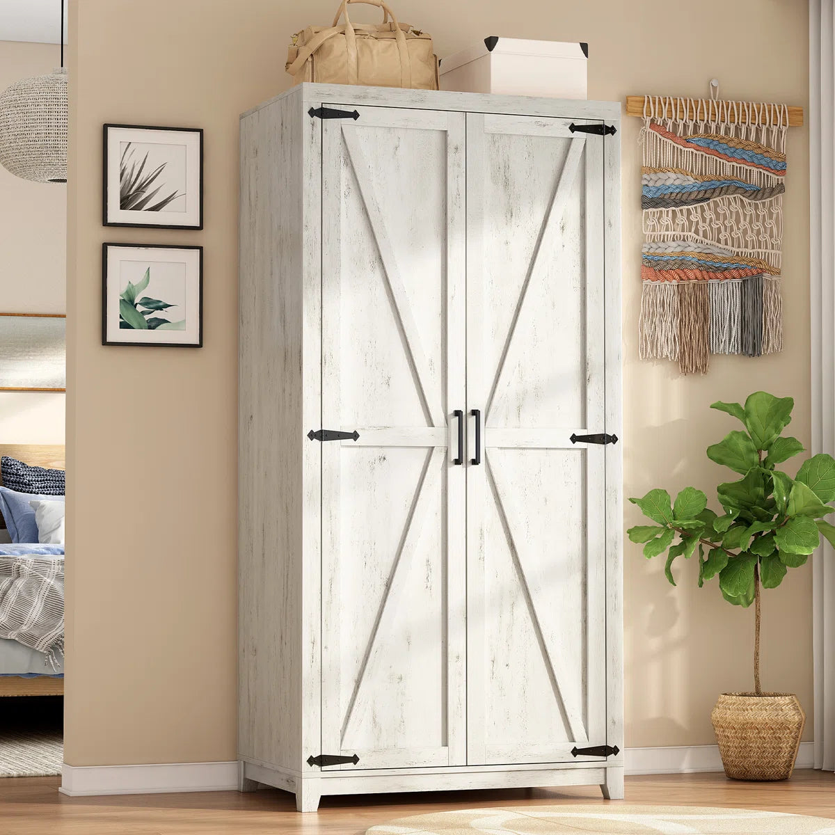 70" Farmhouse Freestanding Armoire Closet with Hanging Rod for Bedroom Organization-OUCH CART | Wardrobe