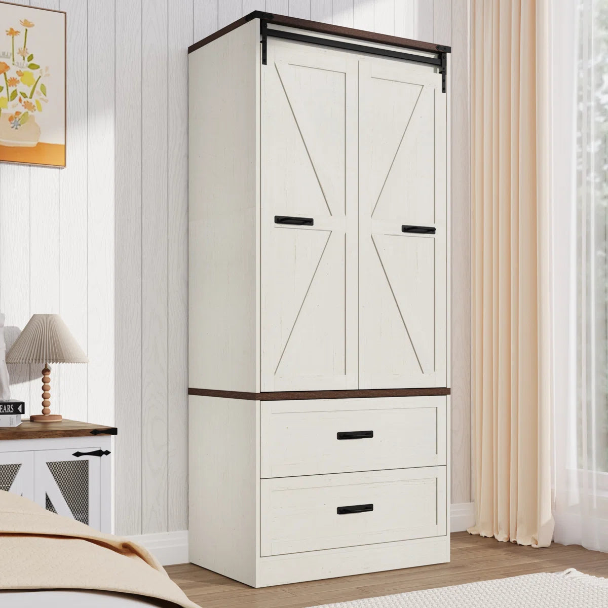 Farmhouse 72.8 Inch Armoire Wardrobe Closet with Sensor Light 2 Drawers and Hanging Rod-OUCH CART | Wardrobe