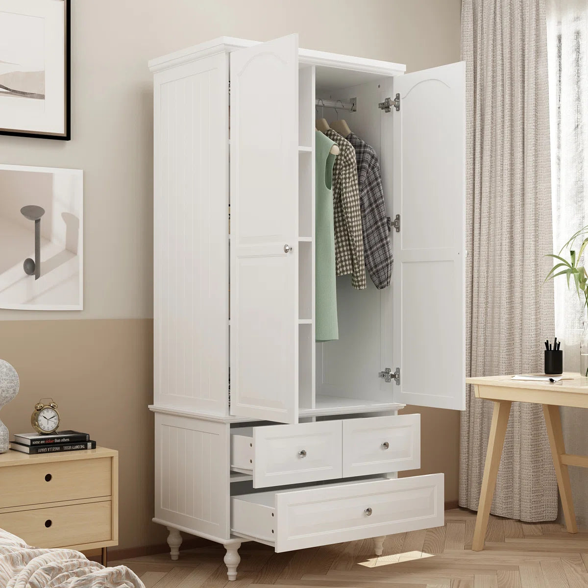 Elegant Talisha Wooden Wardrobe Armoire with 3 Large Drawers OUCH CART