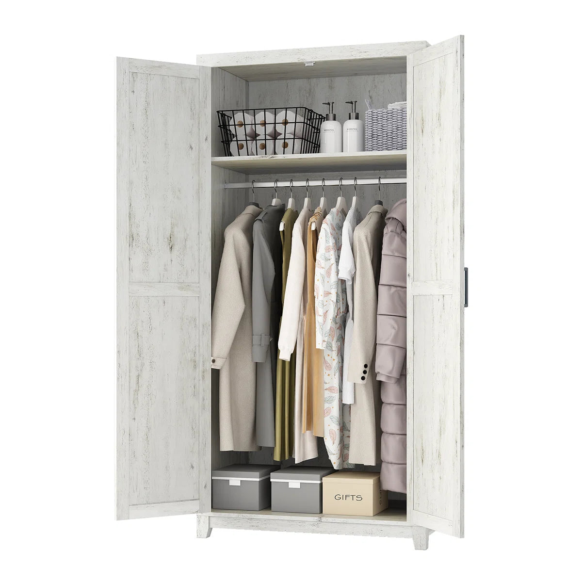 70" Farmhouse Freestanding Armoire Closet with Hanging Rod for Bedroom Organization OUCH CART
