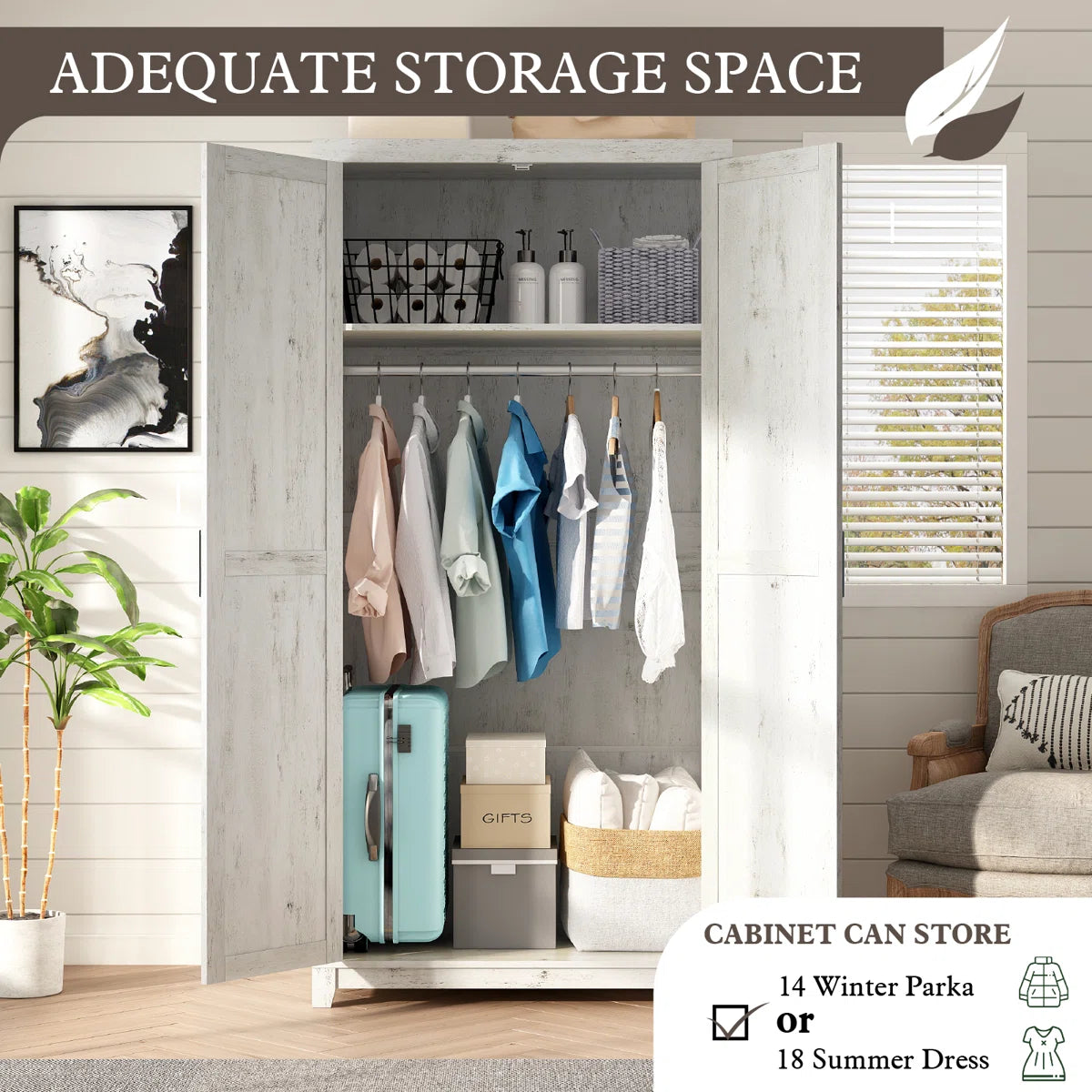 70" Farmhouse Freestanding Armoire Closet with Hanging Rod for Bedroom Organization OUCH CART