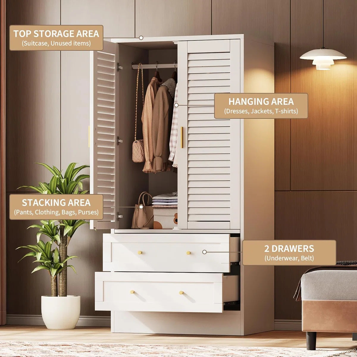 Wardrobe Armoire Closet with 2 Shutter Doors, Wardrobe with Hanging Rods and 2 Drawers, Armoire with Gold Handles