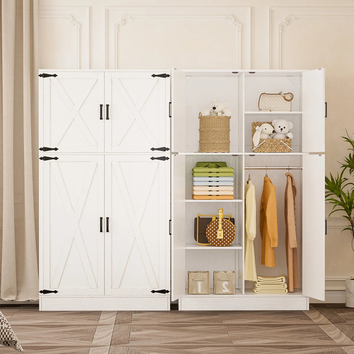 Functional 71'' Farmhouse Armoire Wardrobe Closet with Shelf and Hanging Rod