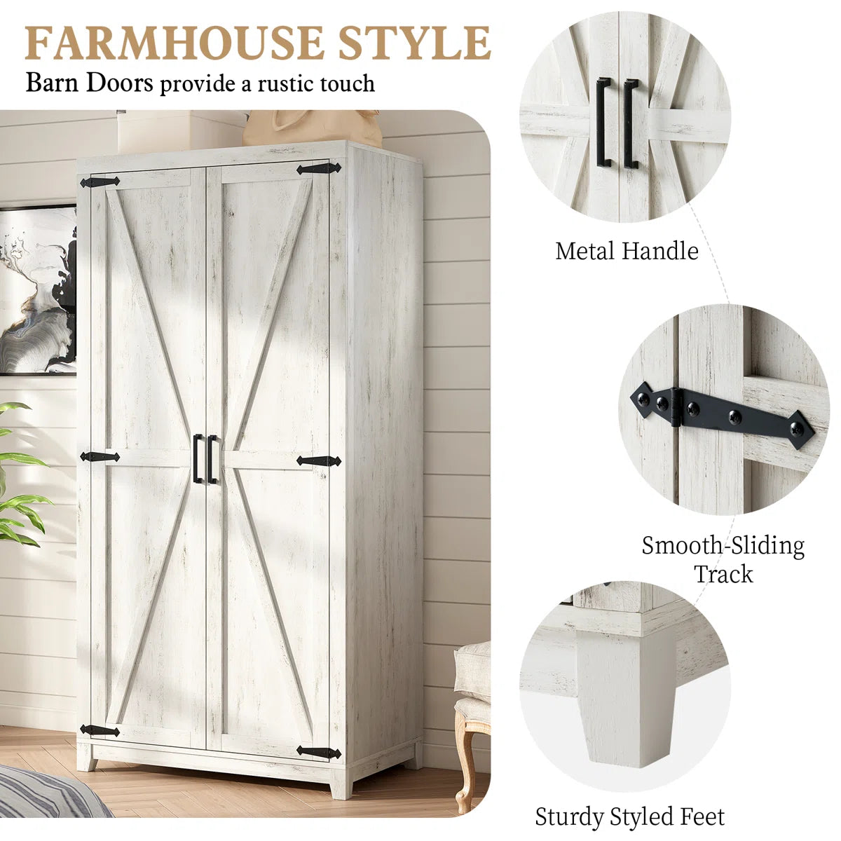 70" Farmhouse Freestanding Armoire Closet with Hanging Rod for Bedroom Organization-OUCH CART | Wardrobe