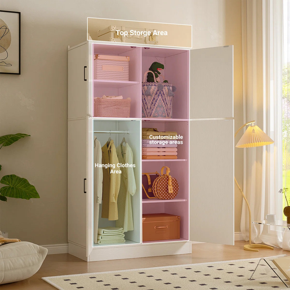 Functional 71'' Farmhouse Armoire Wardrobe Closet with Shelf and Hanging Rod OUCH CART