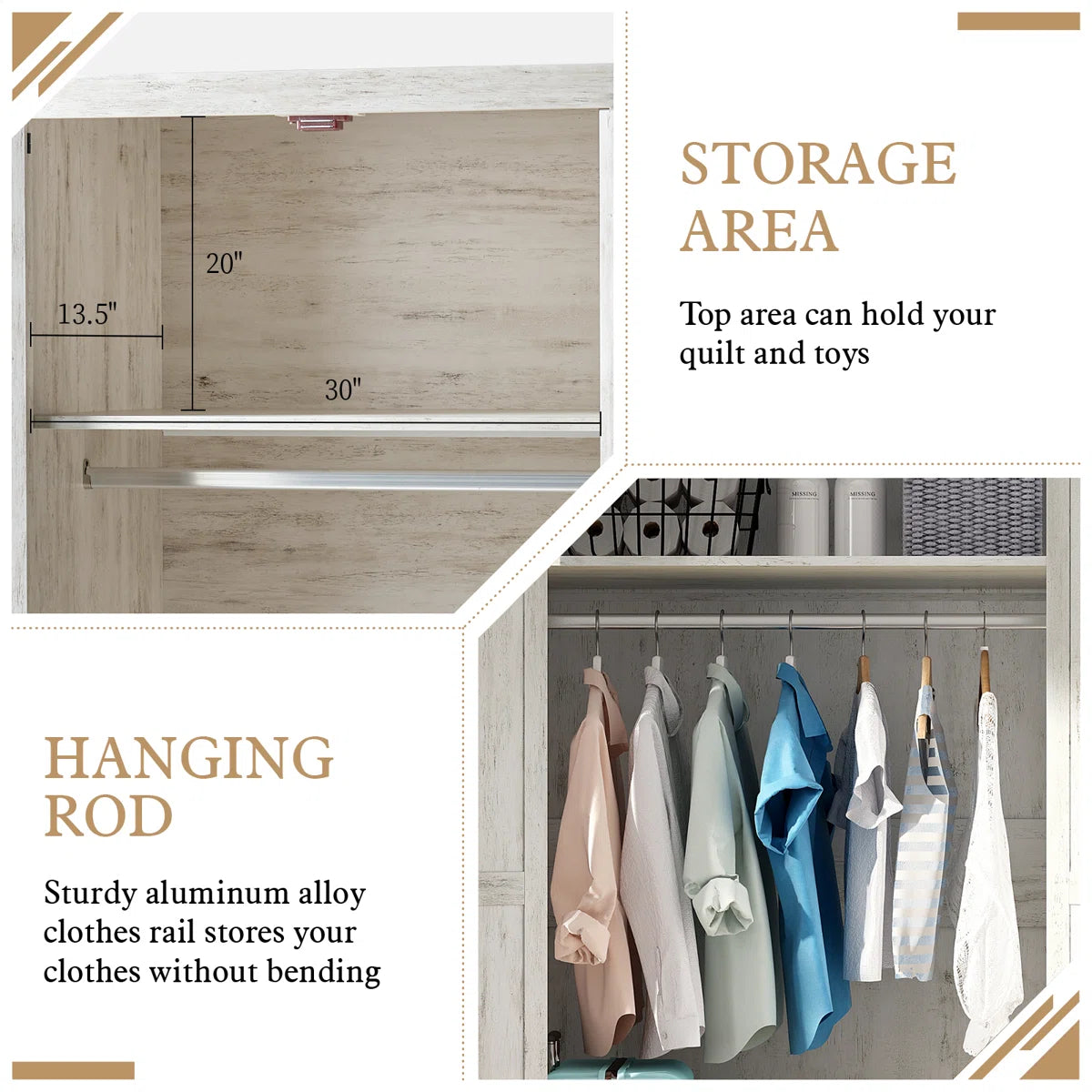 70" Farmhouse Freestanding Armoire Closet with Hanging Rod for Bedroom Organization