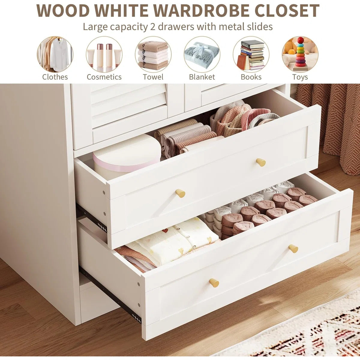 Wardrobe Armoire Closet with 2 Shutter Doors, Wardrobe with Hanging Rods and 2 Drawers, Armoire with Gold Handles