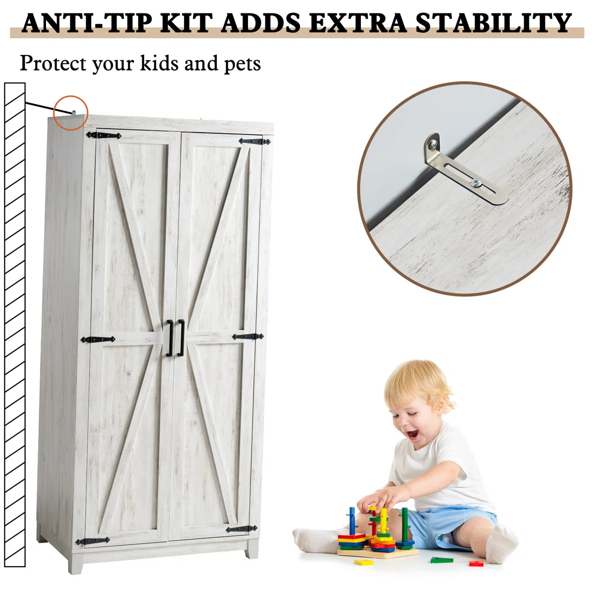 70" Farmhouse Freestanding Armoire Closet with Hanging Rod for Bedroom Organization OUCH CART