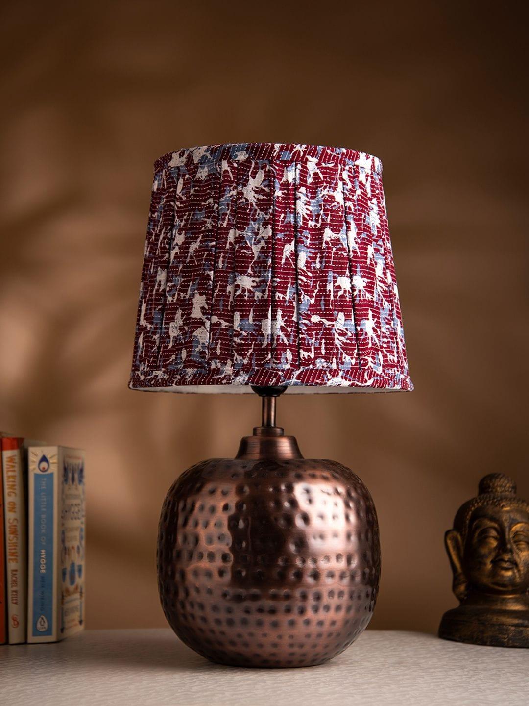 Copper Hammered Pot Lamp with Pleeted Multicolor Maroon Shade - Ouch Cart
