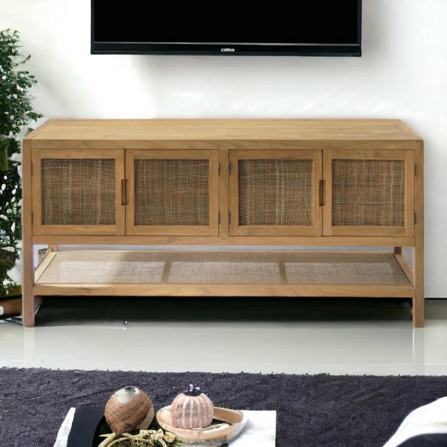SOLID TEAK WOOD & RATTAN TV UNIT - Ouch Cart
