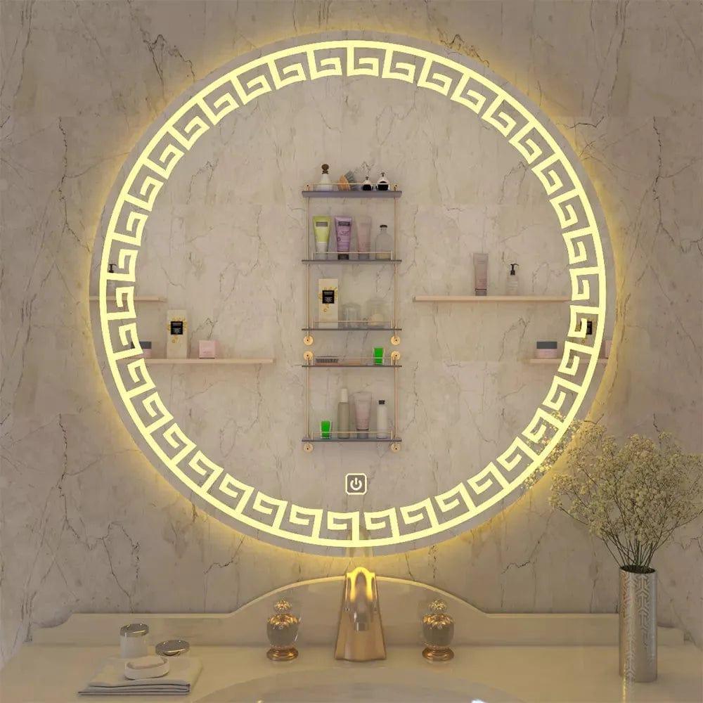 Greek Key Motif LED Round Bathroom Mirror - Ouch Cart