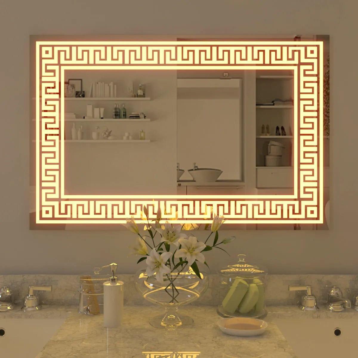 Greek Key Motif LED Rectangular Bathroom Mirror - Ouch Cart