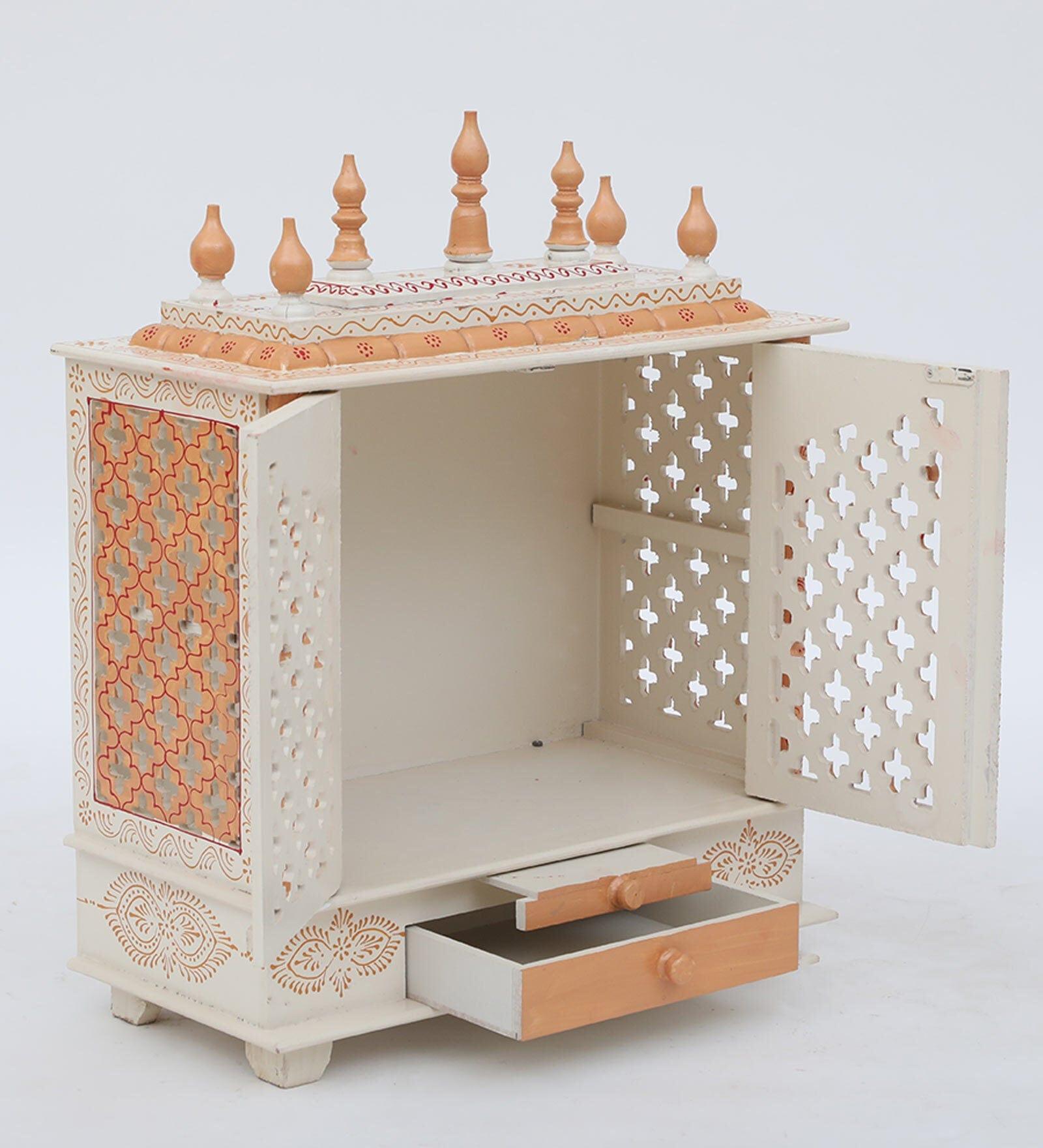 White And Gold Mango Wood & MDF Pooja Mandir With Door, - Ouch Cart