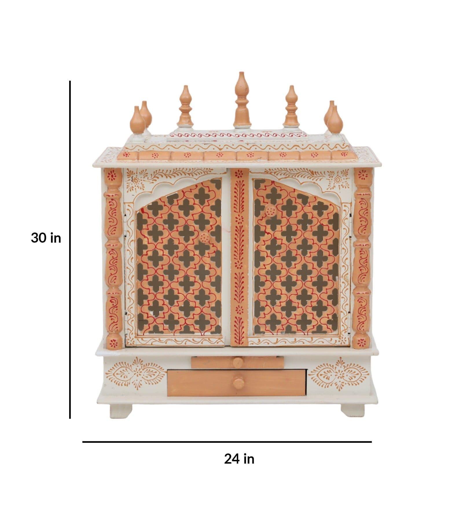 White And Gold Mango Wood & MDF Pooja Mandir With Door, - Ouch Cart