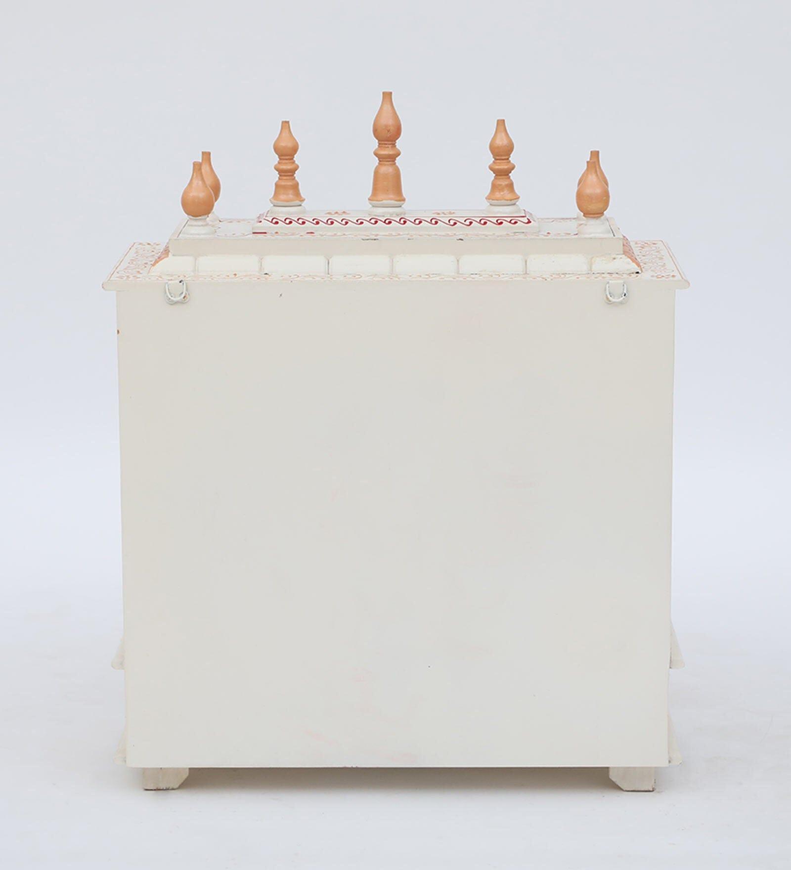 White And Gold Mango Wood & MDF Pooja Mandir With Door, - Ouch Cart