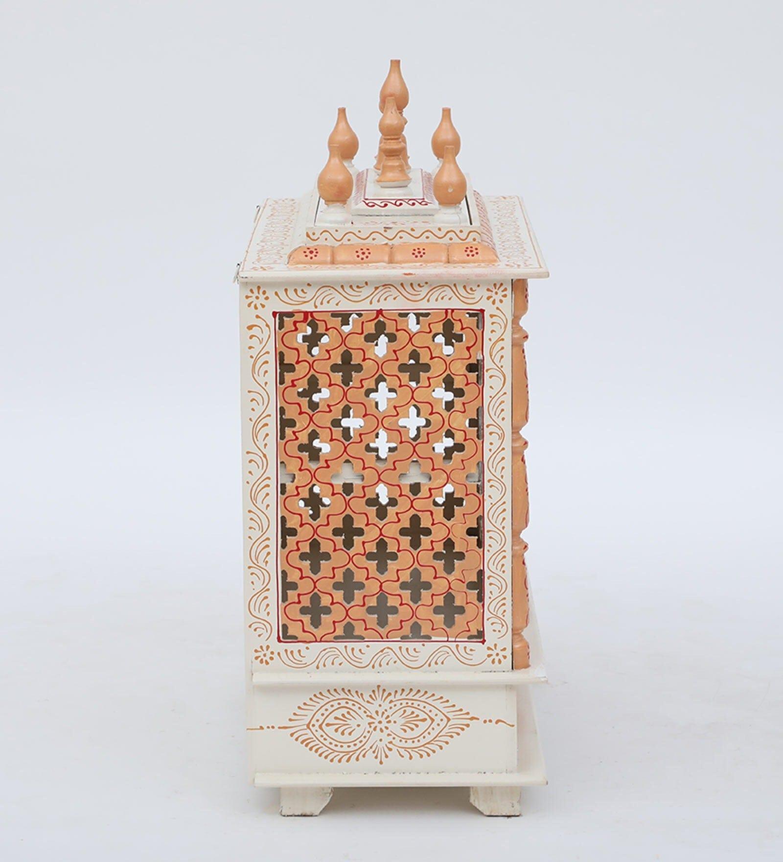 White And Gold Mango Wood & MDF Pooja Mandir With Door, - Ouch Cart