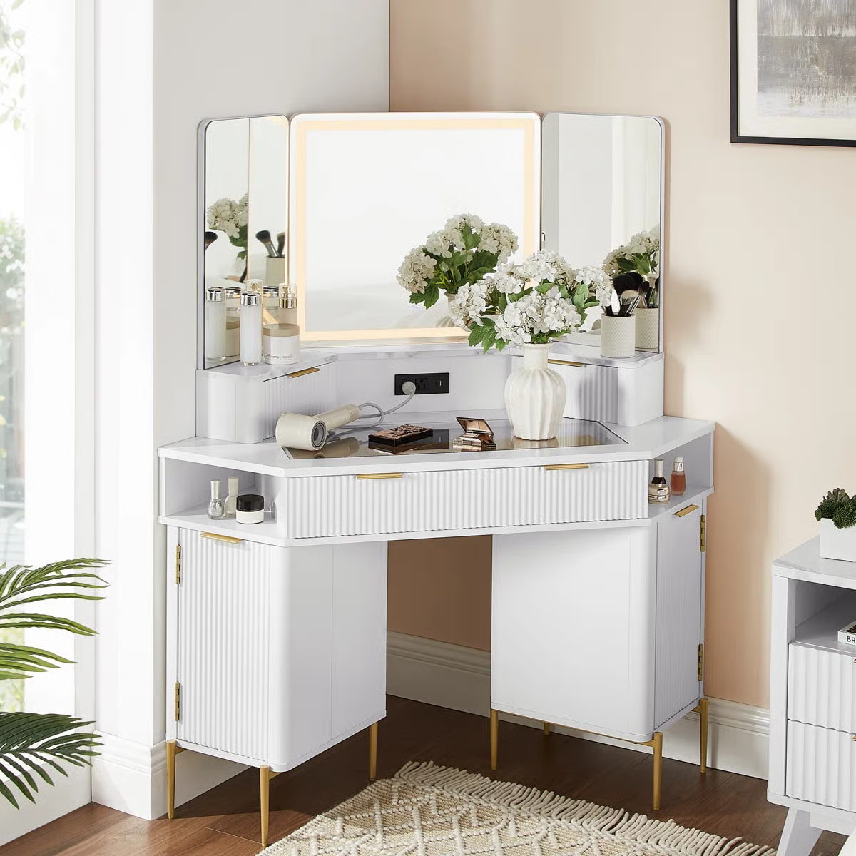 48" Corner Makeup Vanity With 3 Led Mirror- OUCH CART | Dressing table