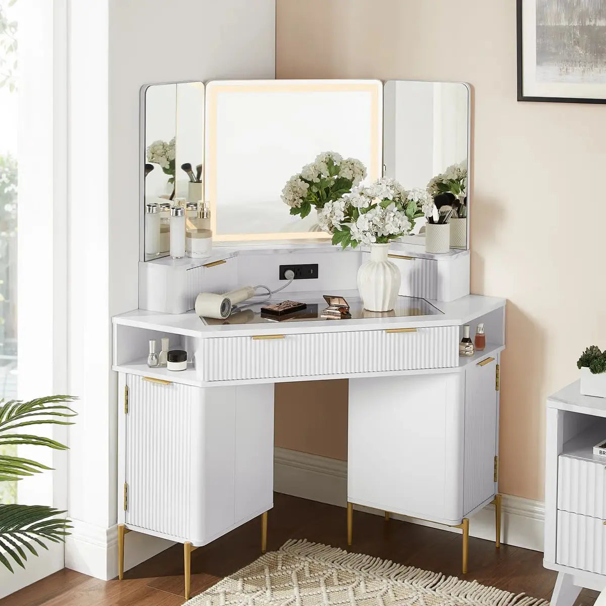 48" Corner Makeup Vanity With 3 Led Mirror- OUCH CART | Dressing table