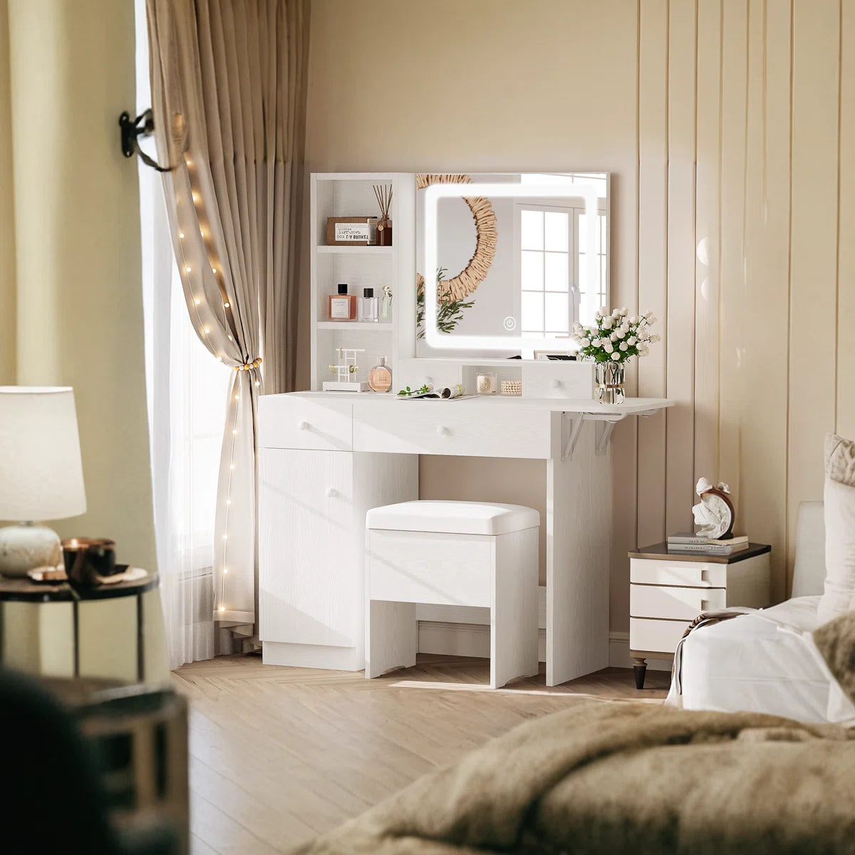 Vanity Desk with LED Lighted Mirror, Power Outlet, 2 Drawers, 3 Cubbies & Bookcase Storage for Bedroom