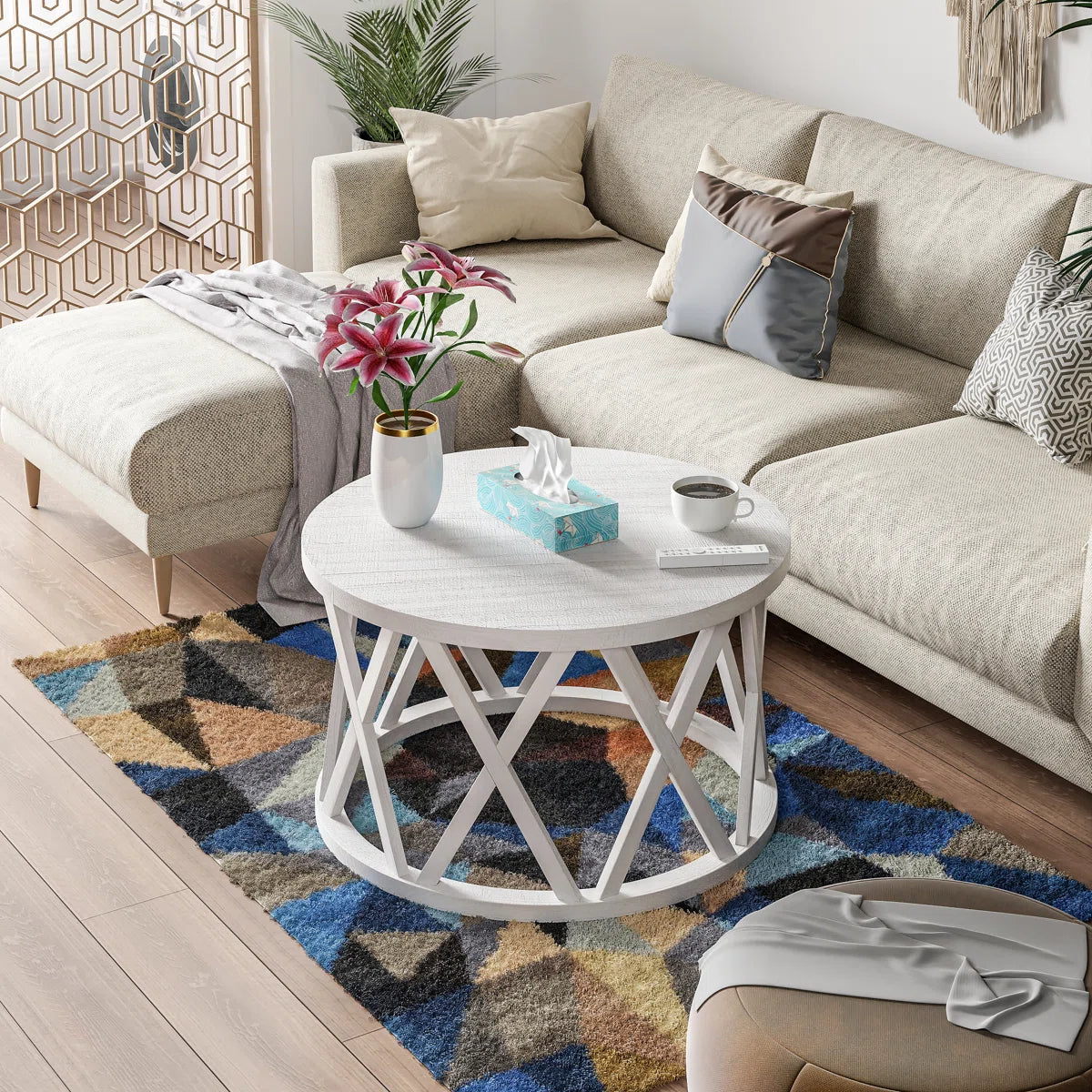 Viradis Farmhouse Coffee Table, Rustic Round Coffee Table with X-Motifs Legs, Wood Textured Top Ouch Cart