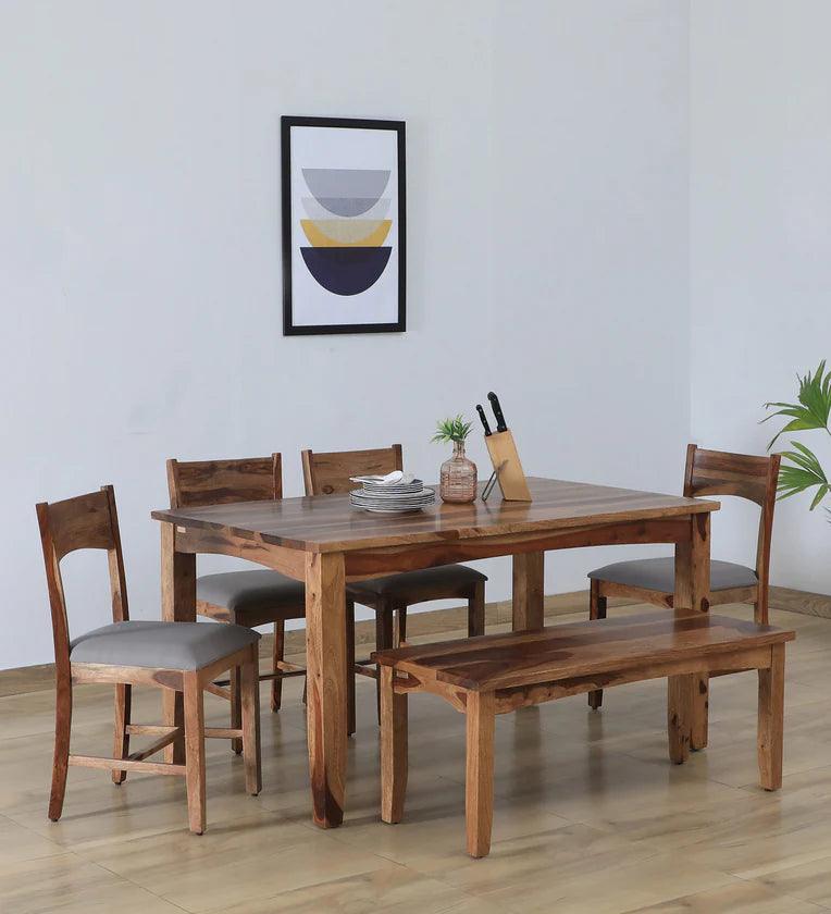 Sheesham Wood 6 Seater Dining Set in Scratch Resistant Rustic Teak Finish With Bench - Ouch Cart
