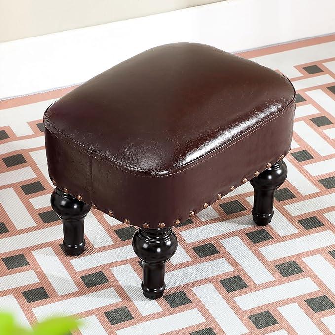Leather Foot Rest with Thicker Foam Padded Seat, Footstool with Wooden Legs (Brown) - Ouch Cart