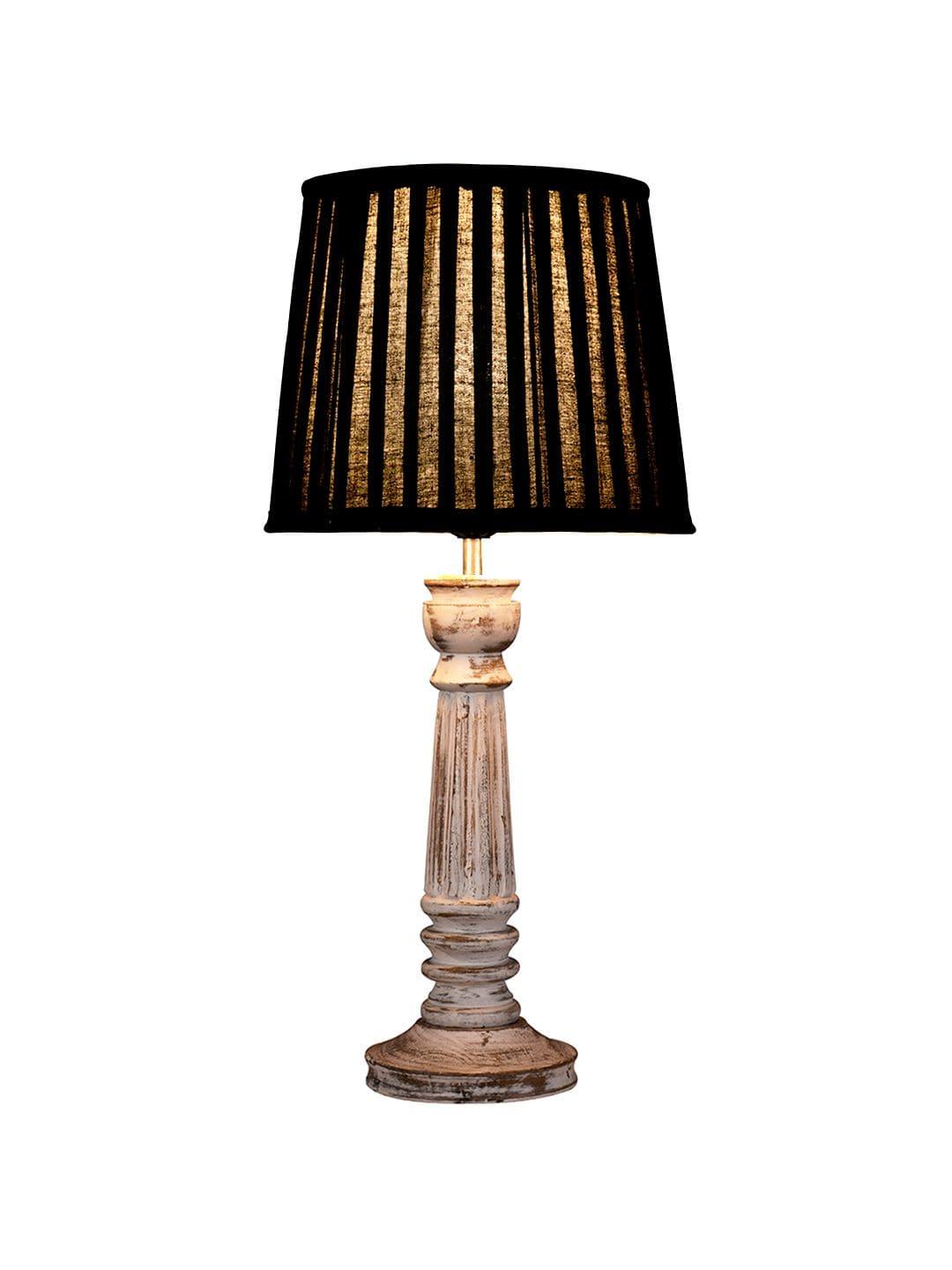 Wooden Pillar White lamp with pleeted Black Soft Shade - Ouch Cart