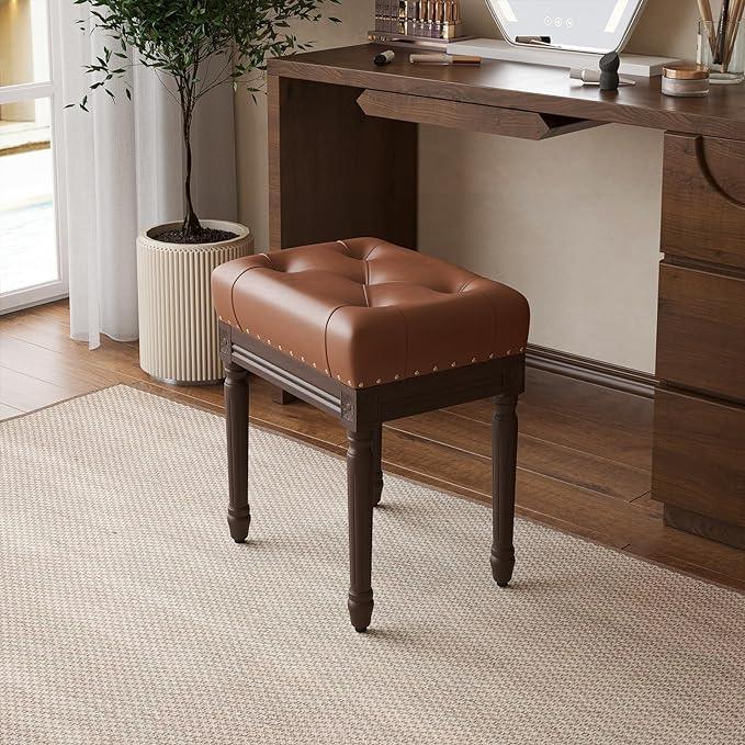 Tufted Vanity Chair for Makeup Room, Faux Leather Ottoman Stool with Vintage Wooden Frame, Small Bench for Living Room Dining Room, Foot Stool Foot Rest - Ouch Cart