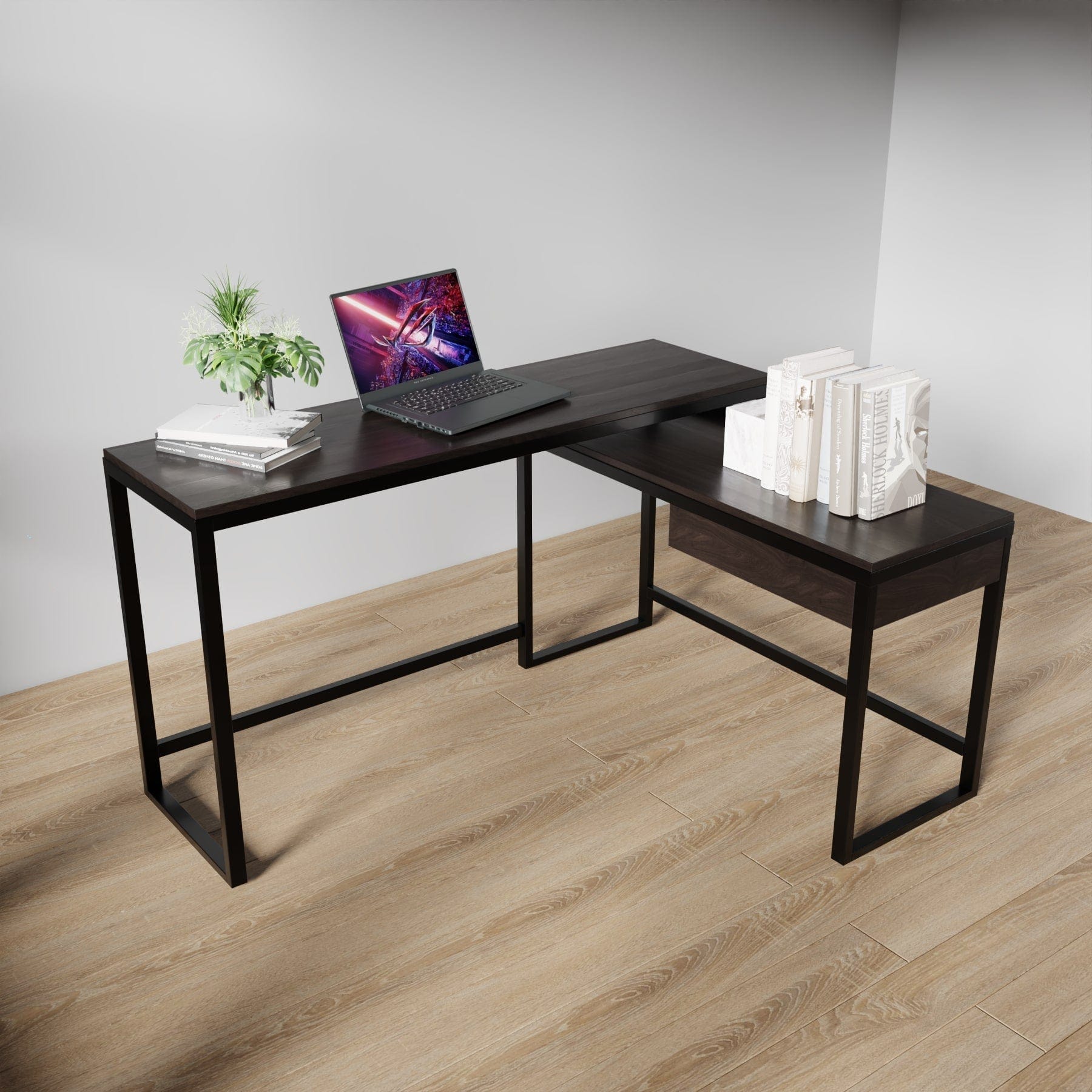 Enkele L Shaped Study Table with Storage Design in Brown Color