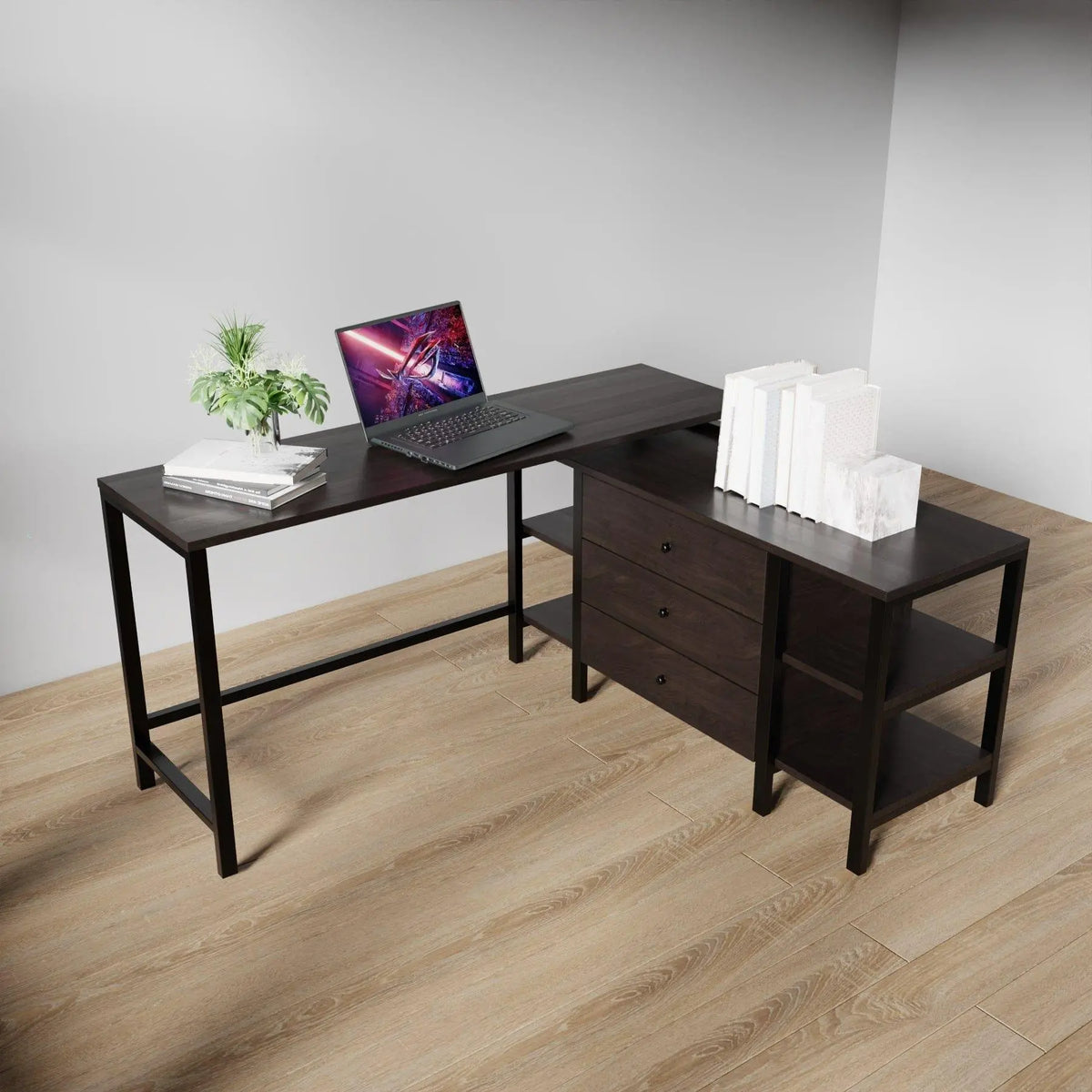 L shaped study table with storage design with drawers & open storage shelve