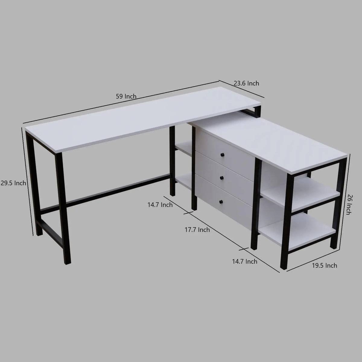 L shaped study table with storage design with drawers & open storage shelves