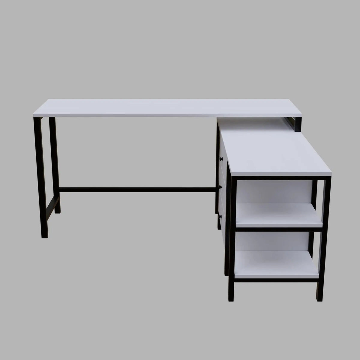 Kerry L Shaped Executive Desk with Storage Design with Drawers & Open Storage shelves in white finish - Ouch Cart