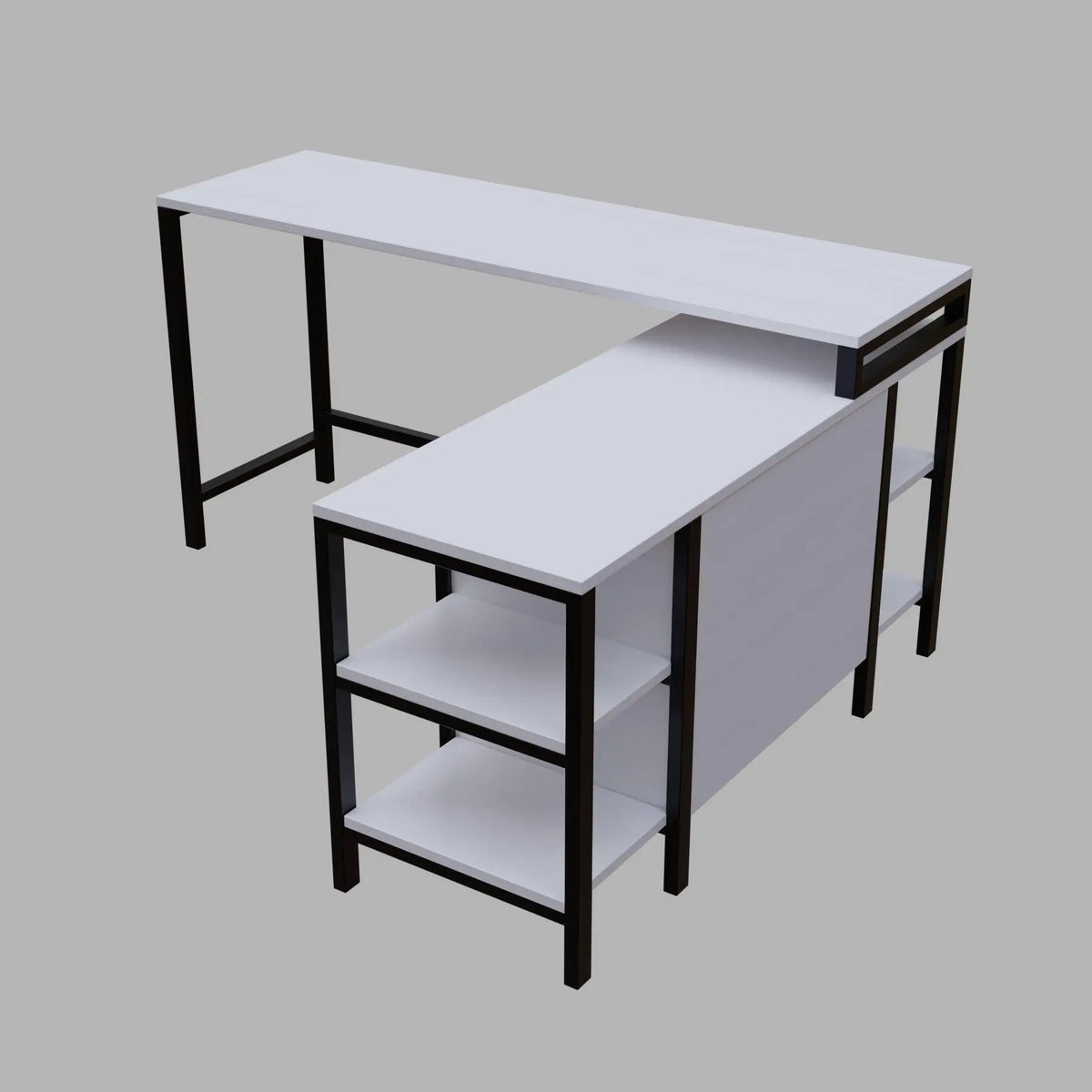 Kerry L Shaped Executive Desk with Storage Design with Drawers & Open Storage shelves in white finish - Ouch Cart