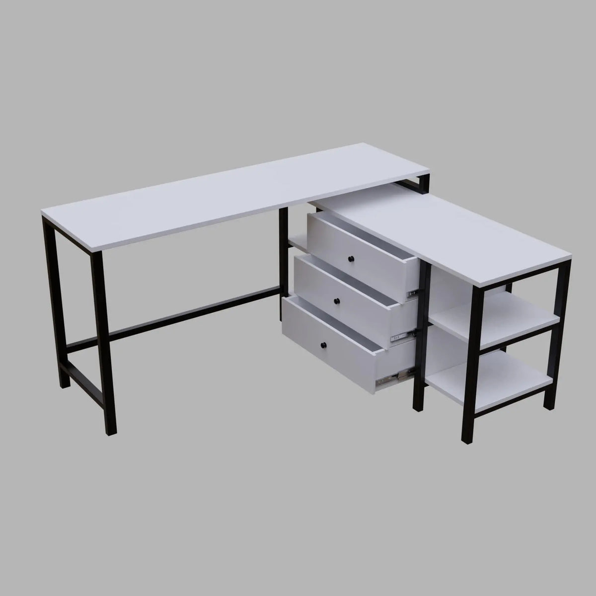 L shaped study table with storage design with drawers & open storage shelves