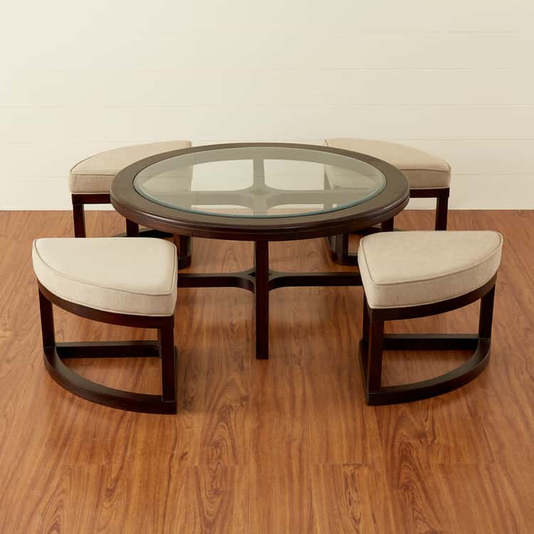 Glass Top Coffee Table with Stools - Brown