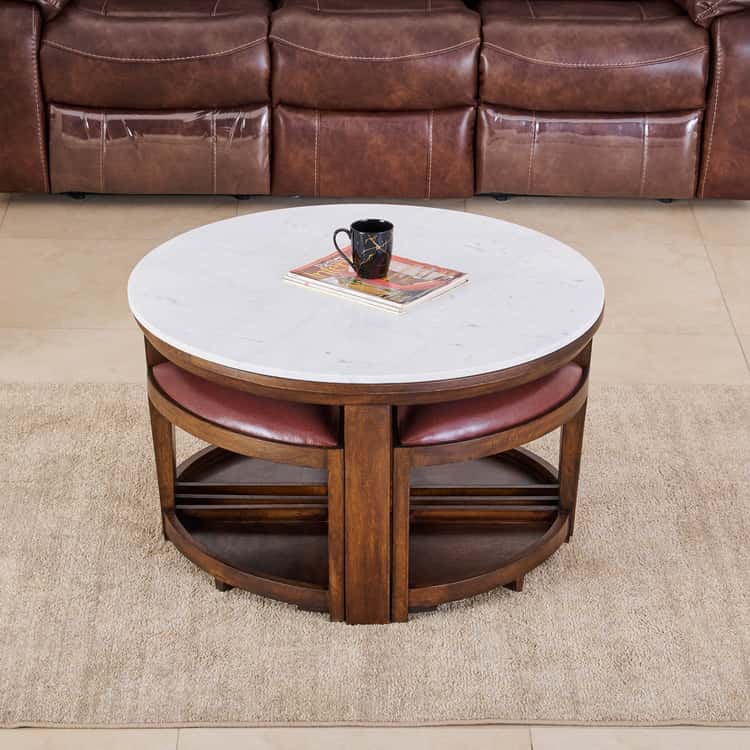 Marble Top Coffee Table with Stools - Brown