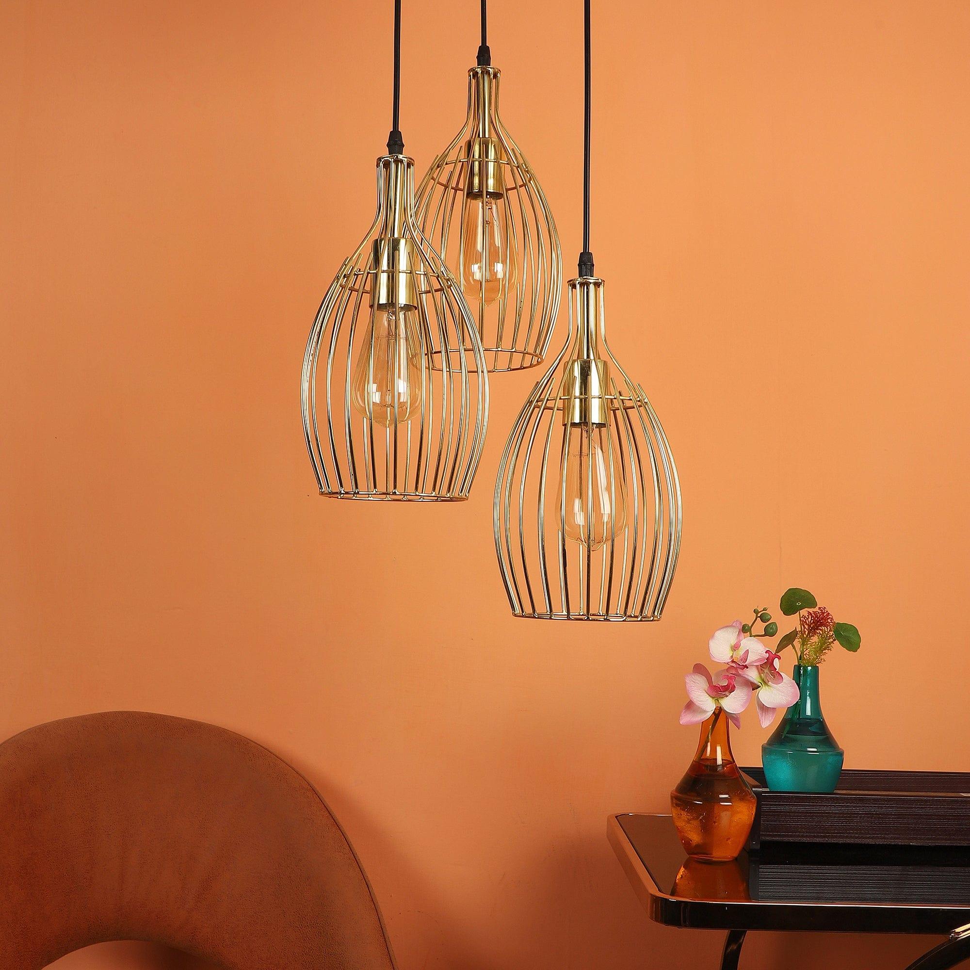 Antique Gold 3 Iron Light Cluster Hanging Lamp - Ouch Cart