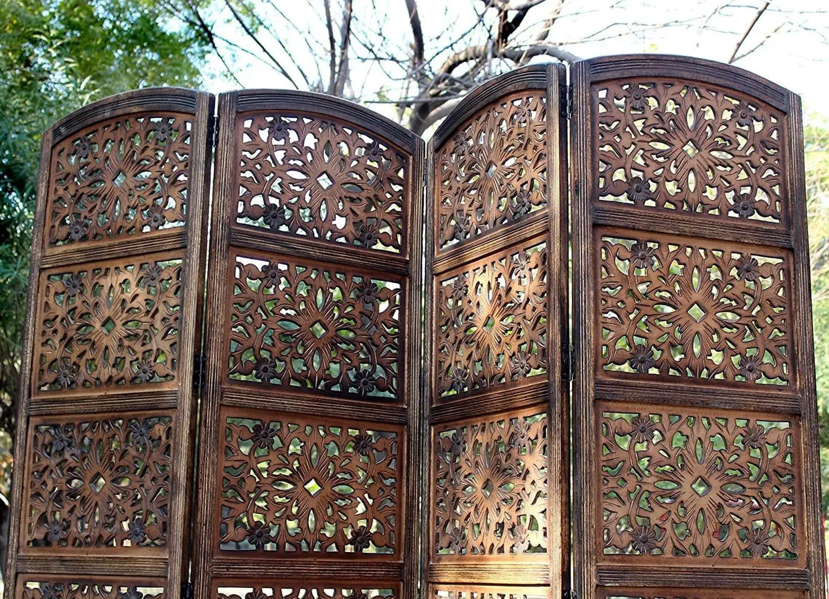 4 panel Wooden Partition Wooden Handcrafted Partition Room Divider Separator for Living Room Office Partition Screen Room Divider Wood Partitions for Home Kitchen & Office - Ouch Cart