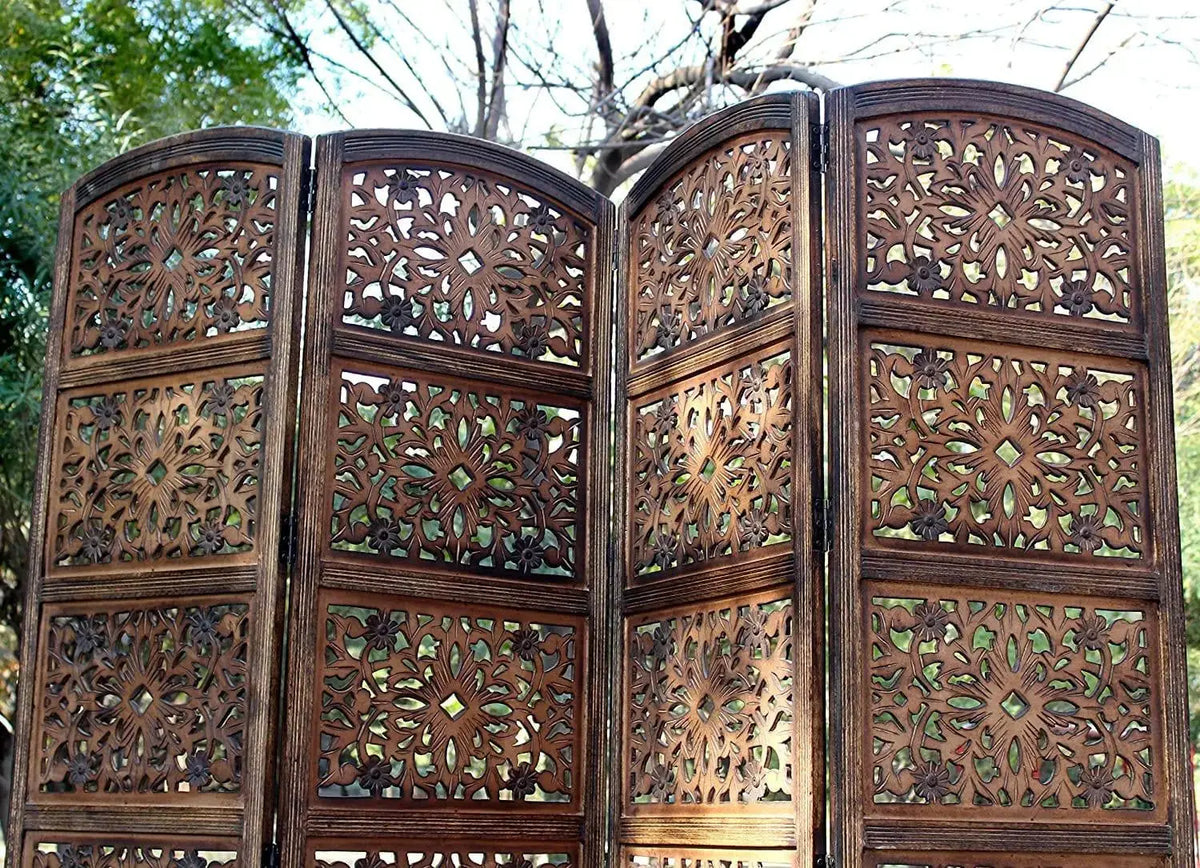 4 panel Wooden Partition Wooden Handcrafted Partition Room Divider Separator for Living Room Office Partition Screen Room Divider Wood Partitions for Home Kitchen & Office - Ouch Cart