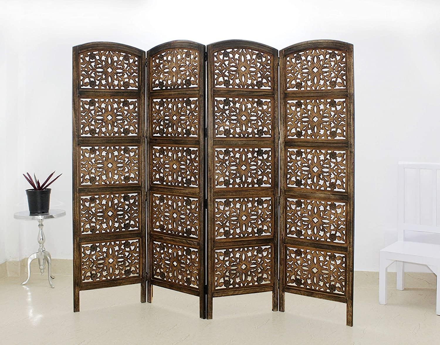 4 panel Wooden Partition Wooden Handcrafted Partition Room Divider Separator for Living Room Office Partition Screen Room Divider Wood Partitions for Home Kitchen & Office - Ouch Cart