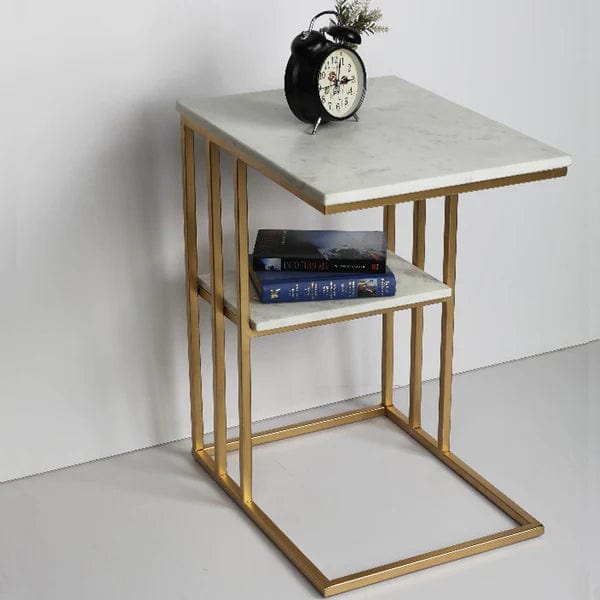 Creative White Marble & Metal Stone Side/Coffee Table With Magazine Holder ( Random Design )