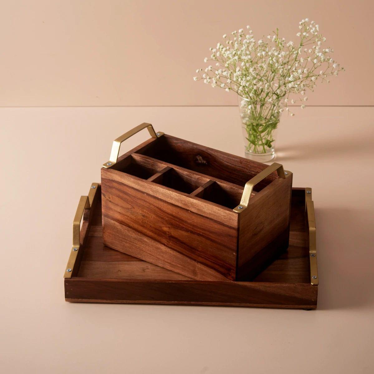 WOODEN CUTLERY STAND AND SERVING TRAY COMBO II FOOD GRADE - Ouch Cart