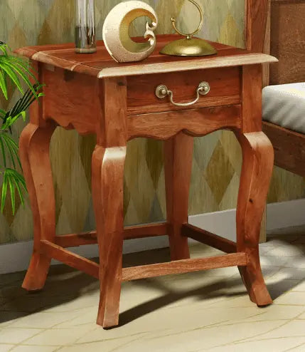 Sheesham Wood Bedside Table for Bedroom | Wooden Nightstand Lamp Table with Drawer | Brown - Ouch Cart