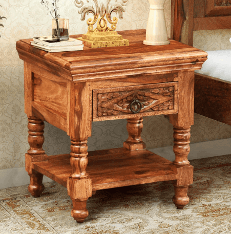 Sheesham Wood Bed Side Table In Pre-Assembles State For Bed Room Solid Wood Bedside Table with Drawer - Ouch Cart