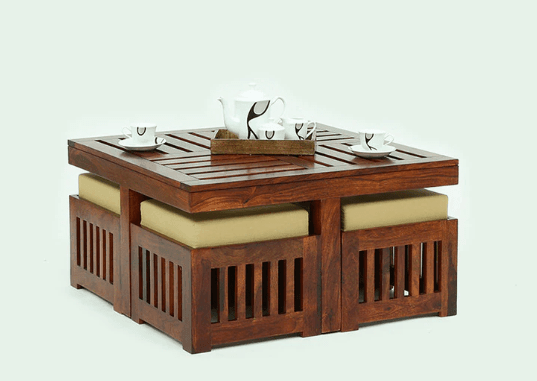 Solid Wooden Coffee Table With 4 Stools – Natural Finish - Ouch Cart