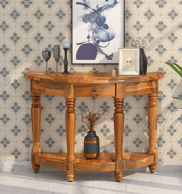 Half Moon Beautiful Design Sheesham Wood console table With Drawer - Ouch Cart