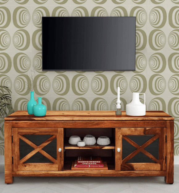Sheesham Wood TV Unit Stand Cabinet with 2 Door - Ouch Cart