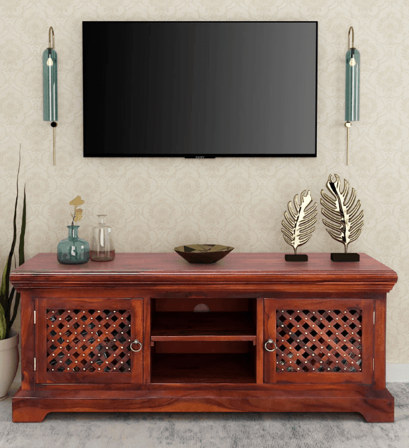 Sheesham Wood TV Unit for Living Room Television Stand with 2 Door Cabinet & 2 Shelf Storage for Bedroom (Walnut Finish) - Ouch Cart