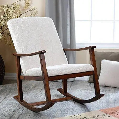 Master Mind Wooden Rocking Chair with Cushions (White) Teak Wood Rocking Chair for Living Room Home Garden Lounge Office - Ouch Cart